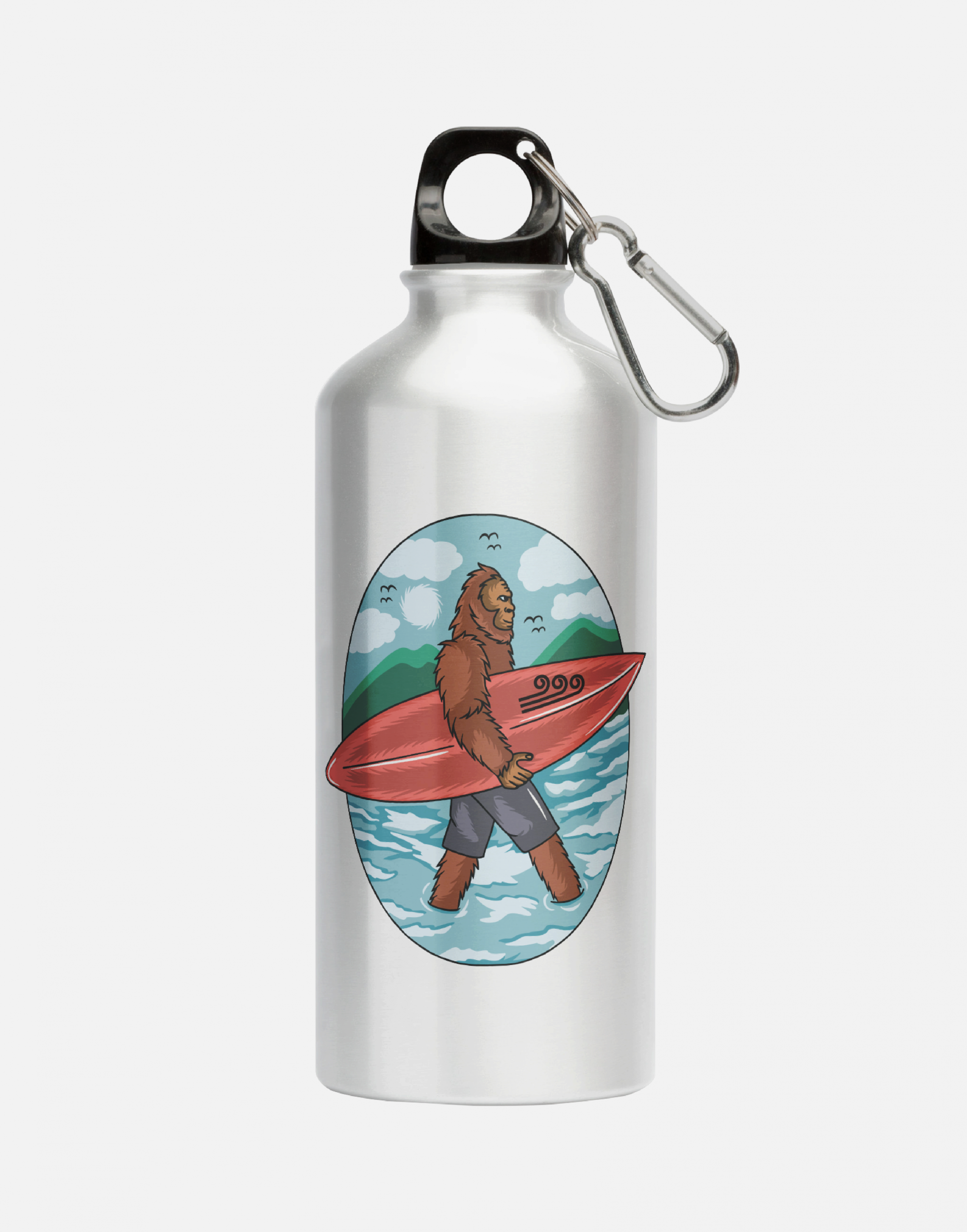 Aluminum lightweight reusable water bottle with Swellone bigfoot beach design.