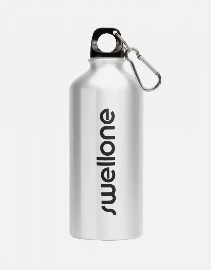 Aluminum lightweight reusable water bottle with Swellone design.