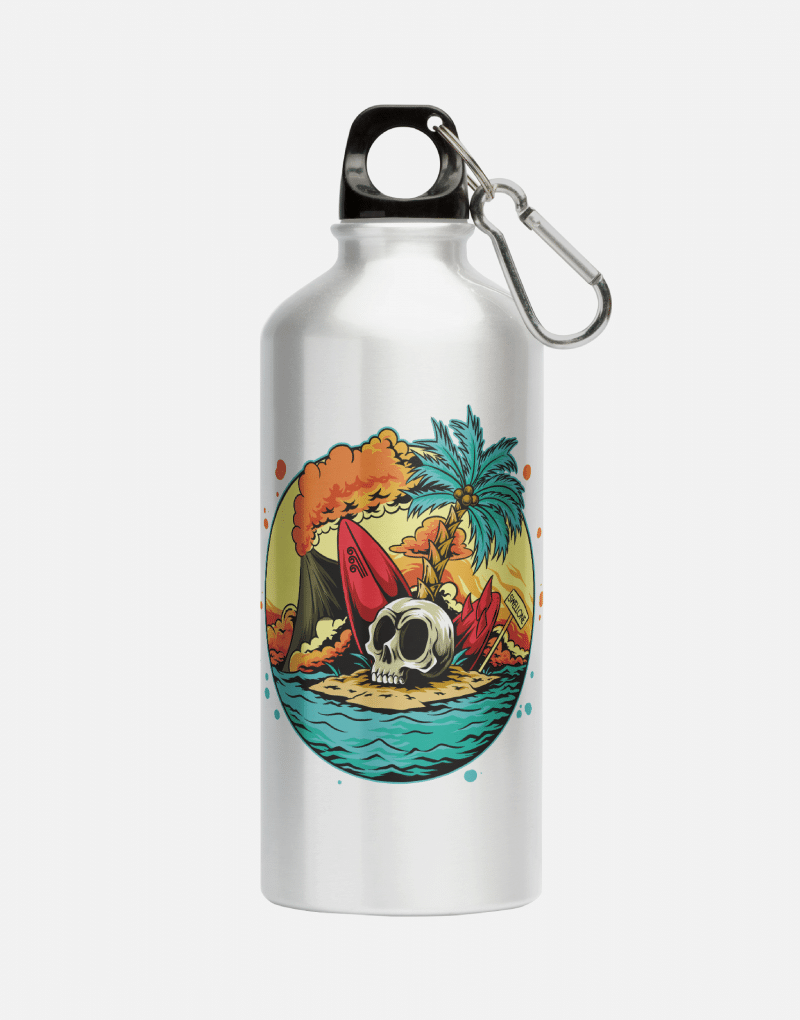 Aluminum lightweight reusable water bottle with Swellone beach design.