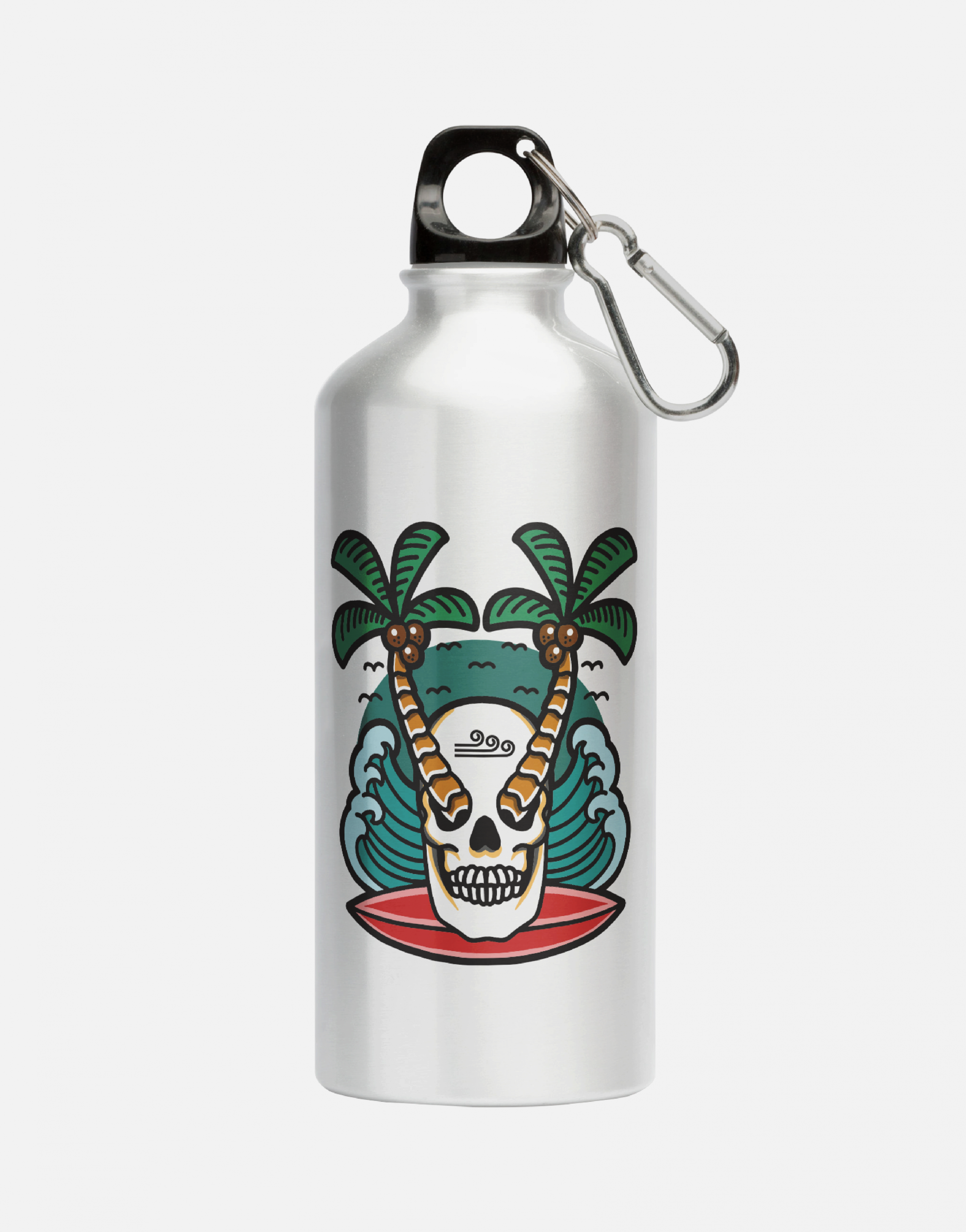 Aluminum lightweight reusable water bottle with Swellone beach design.