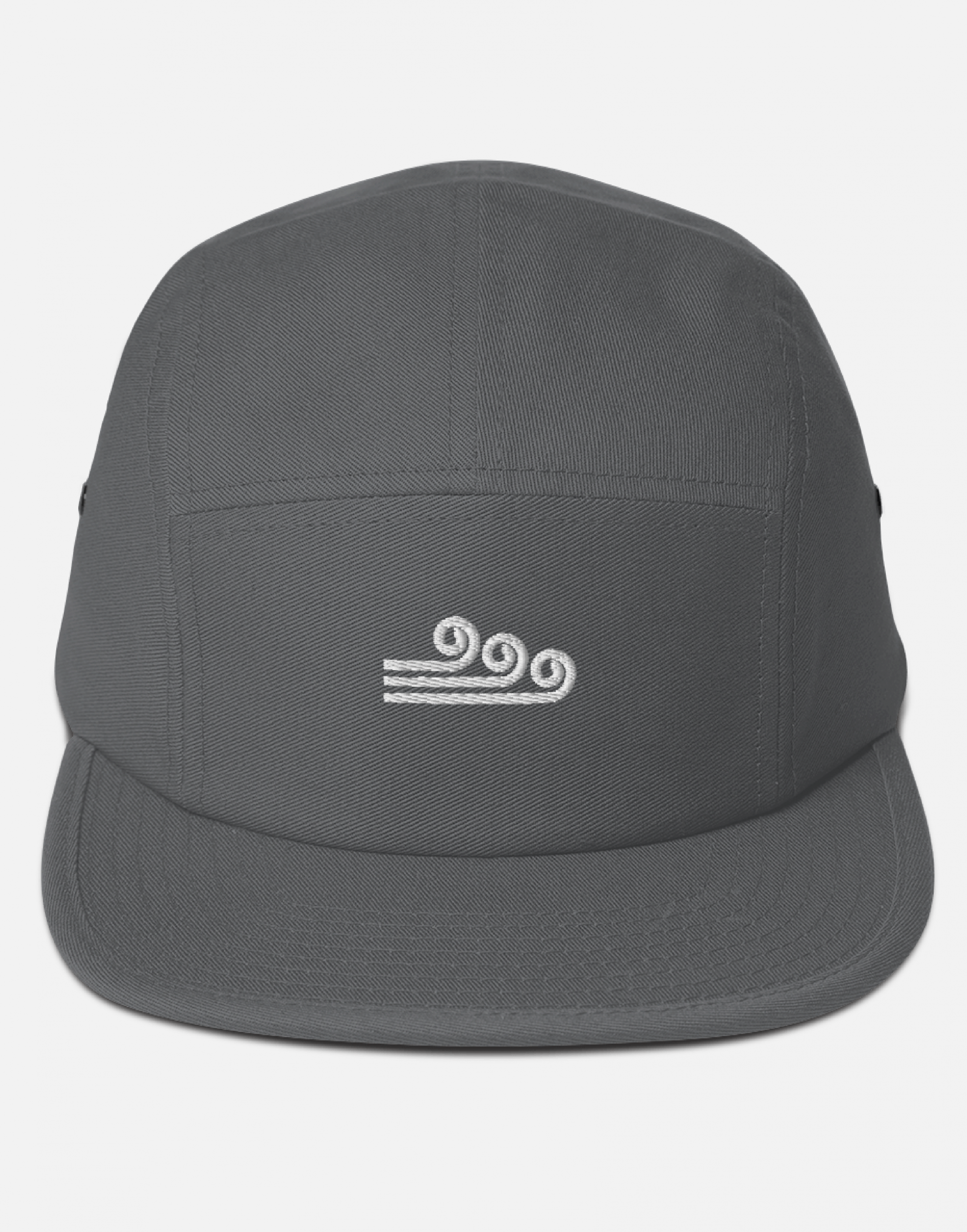 Gray 5 panel camper hat with Swellone logo.