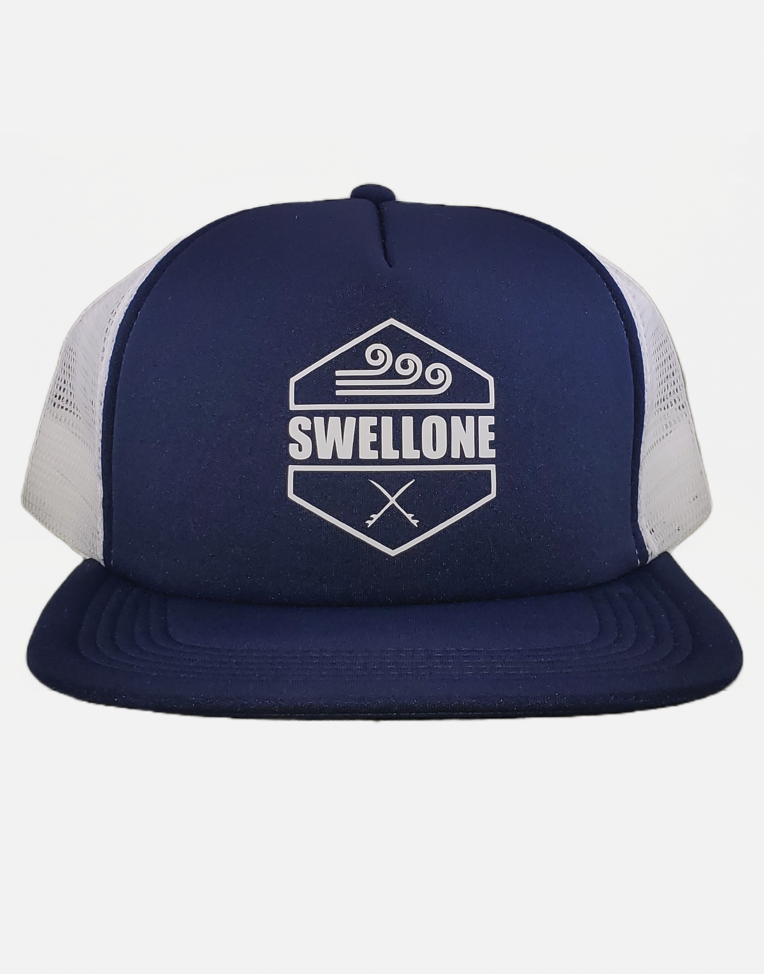 Navy blue and white trucker cap with Swellone logo.