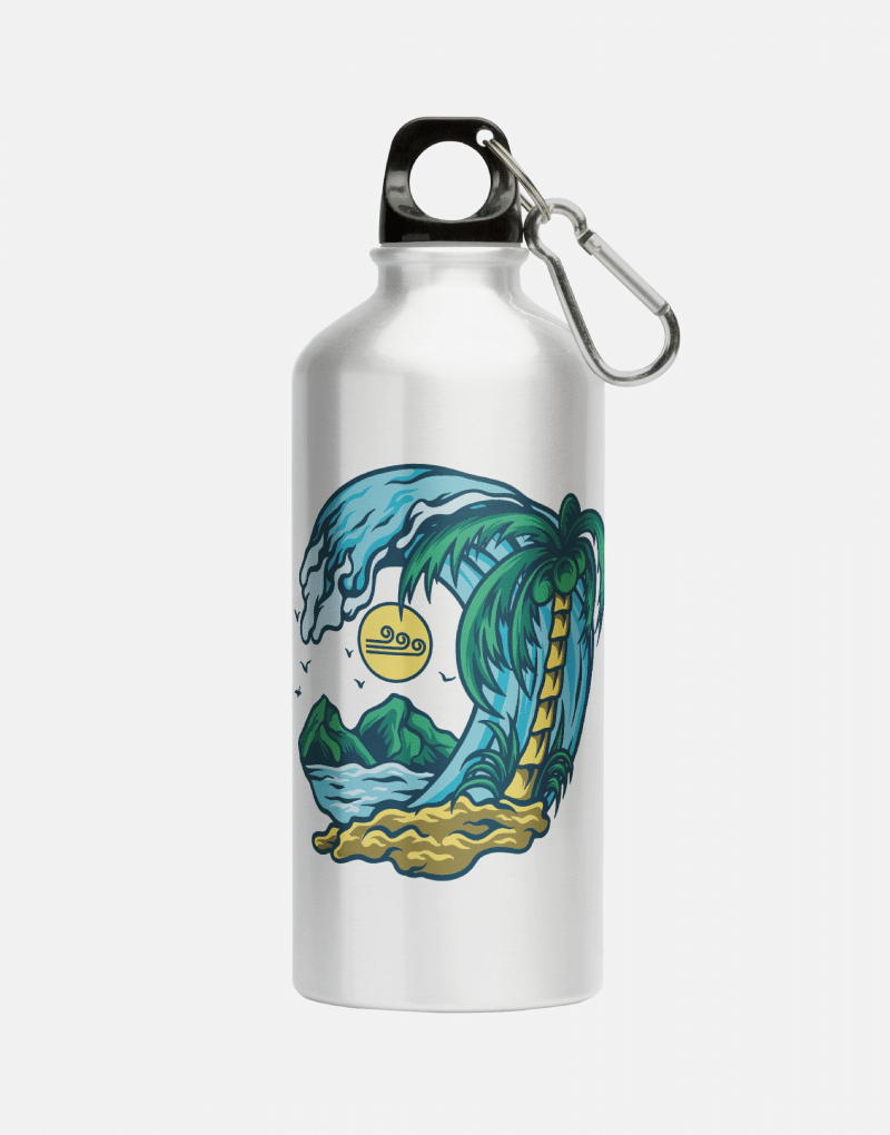 Aluminum lightweight reusable water bottle with Swellone beach design.