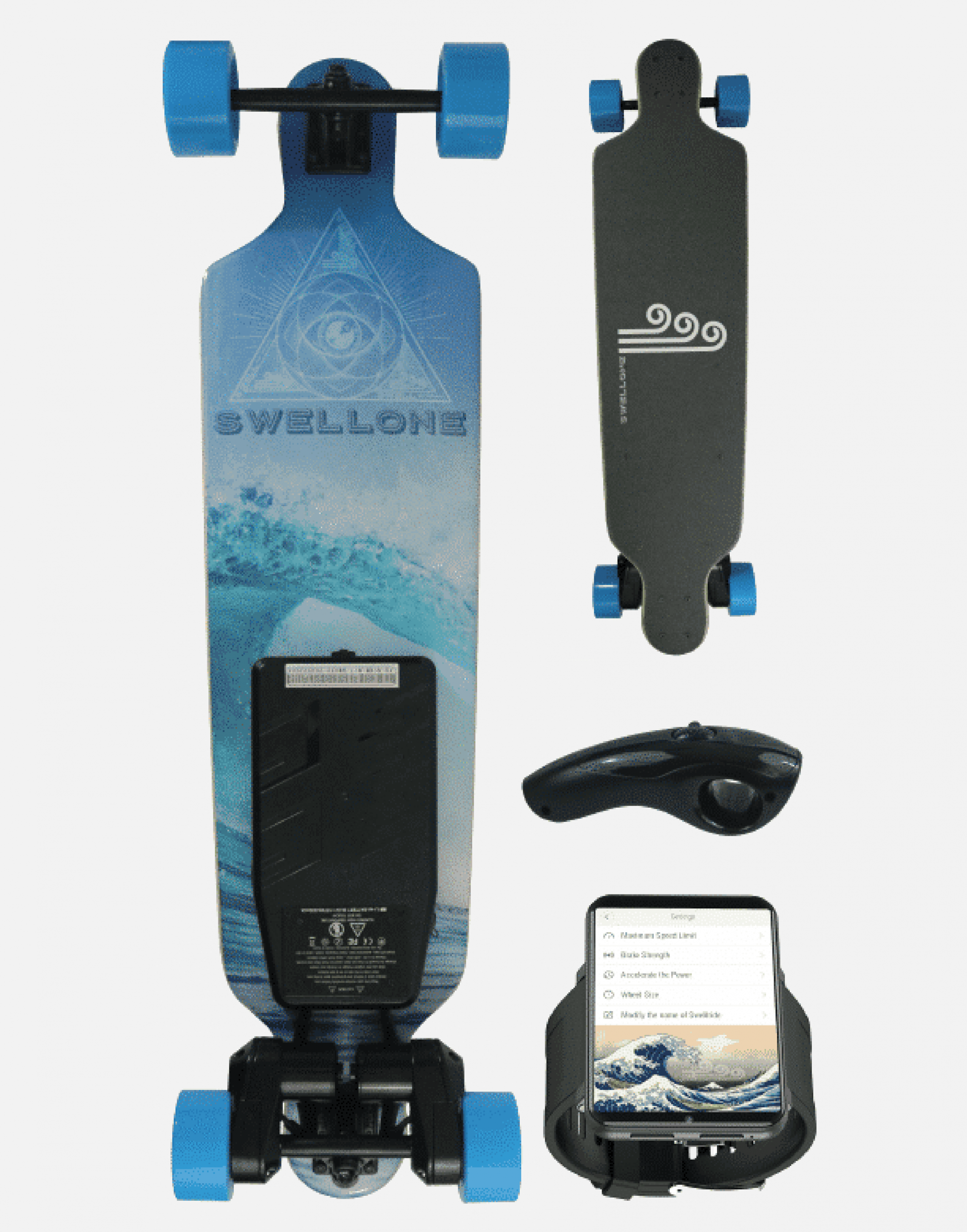 Swellone Swellride electric longboard with controller & smart watch.