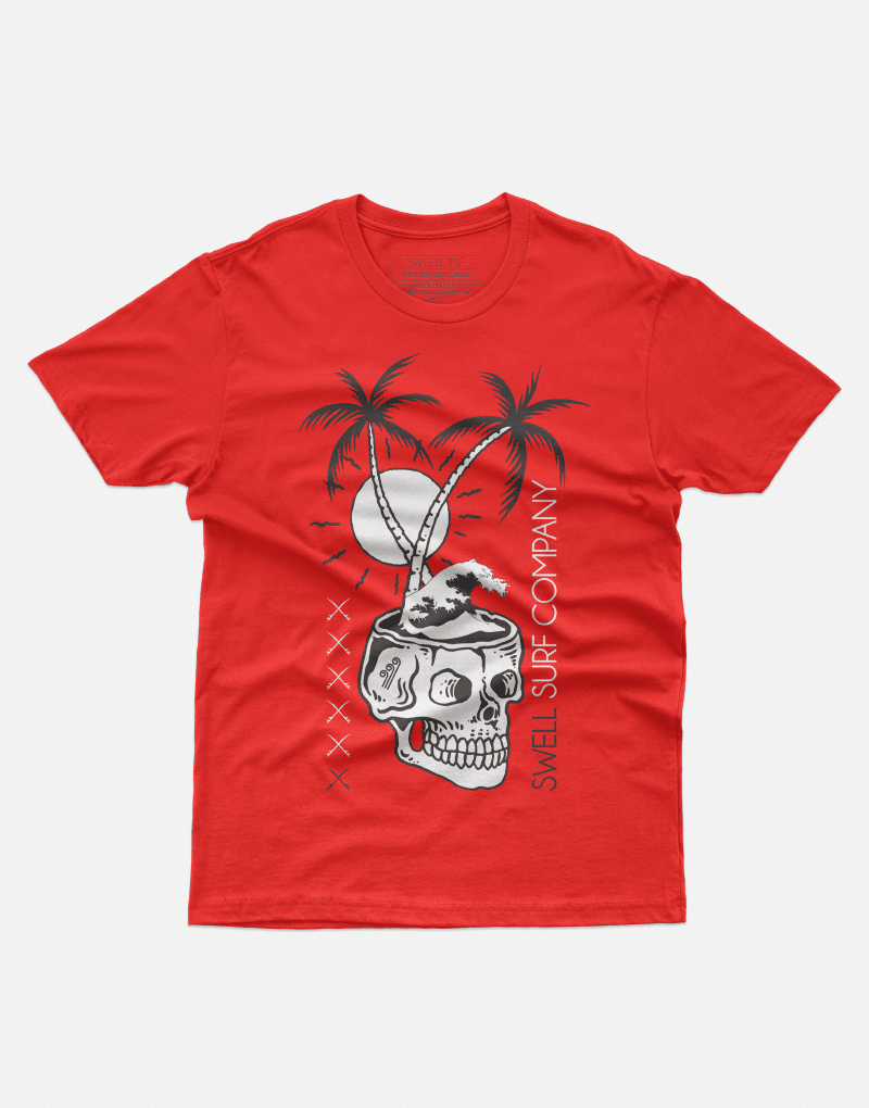 Red Swellone tshirt with skull surf logo.