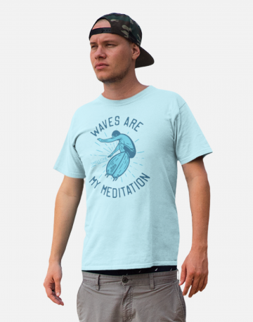 Man standing and wearing a sky blue Swellone tshirt.