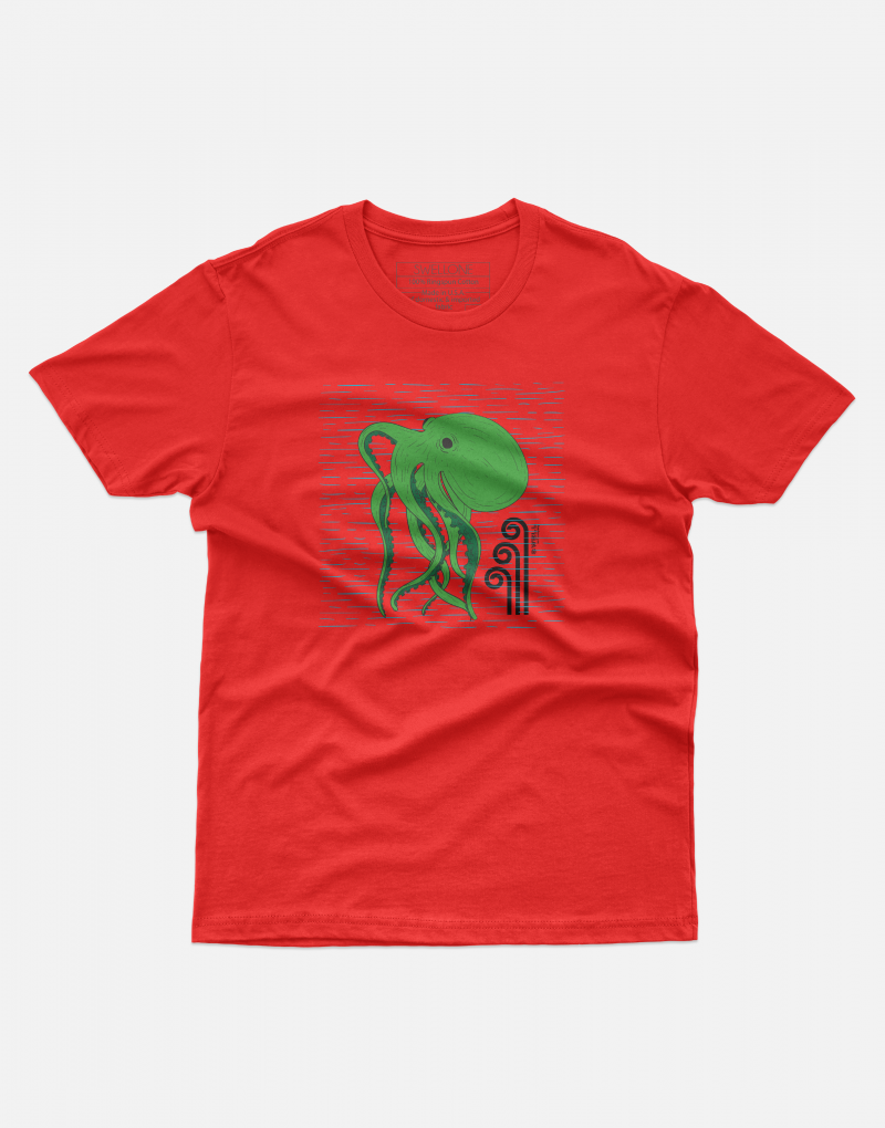 Red Swellone tshirt with octopus logo.