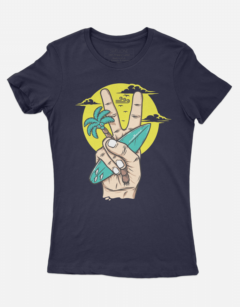 Navy Swellone women's tshirt with a peace sign surf logo.