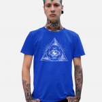 Man wearing a royal blue Swellone tshirt with triangle logo.