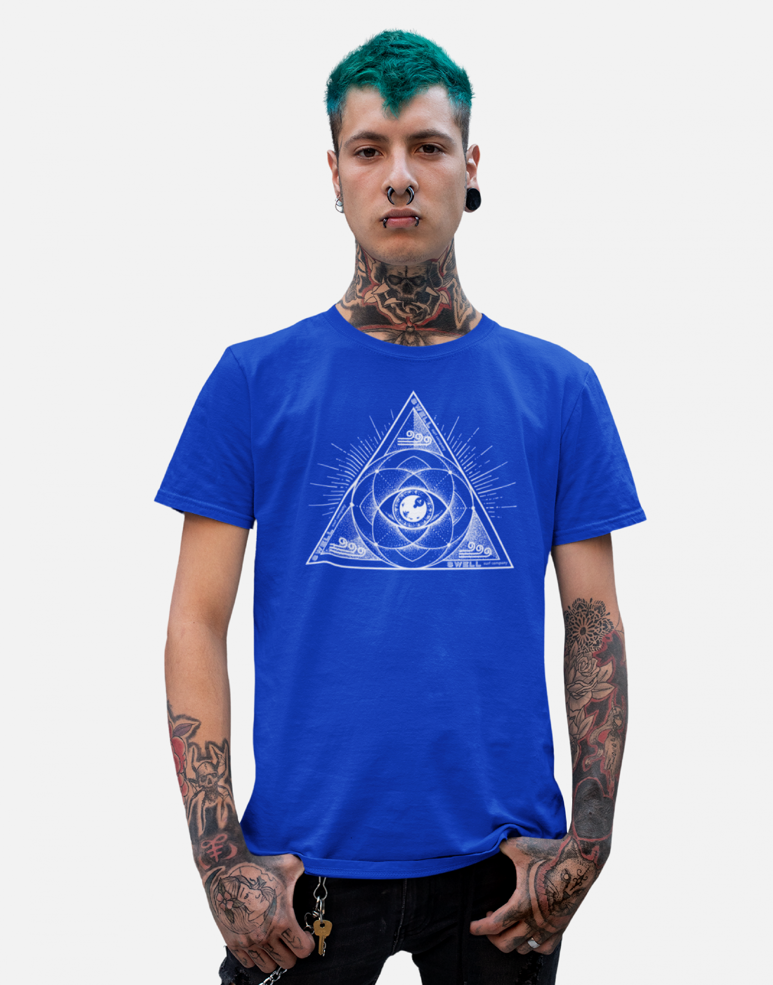 Man wearing a royal blue Swellone tshirt with triangle logo.