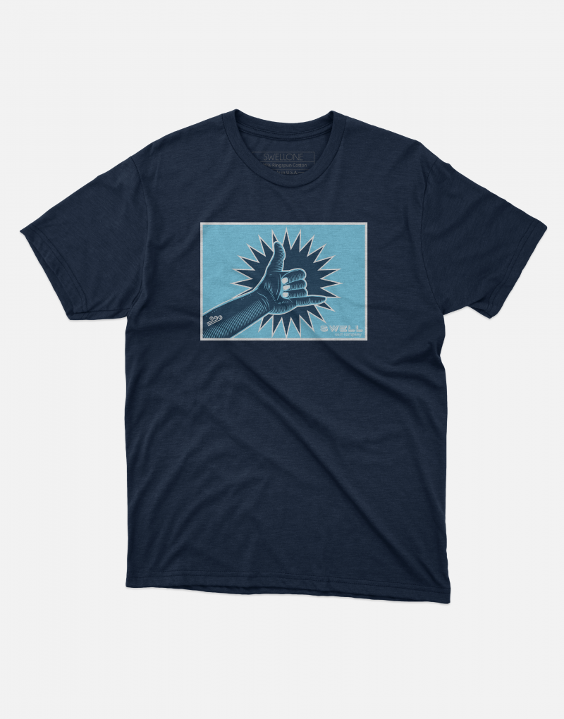 Ocean blue Swellone tshirt with shaka logo.