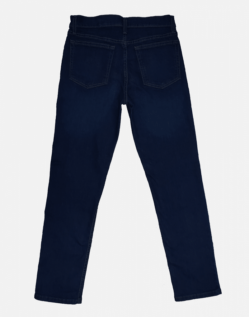 Skinny Leg blue jeans, dark, back view.