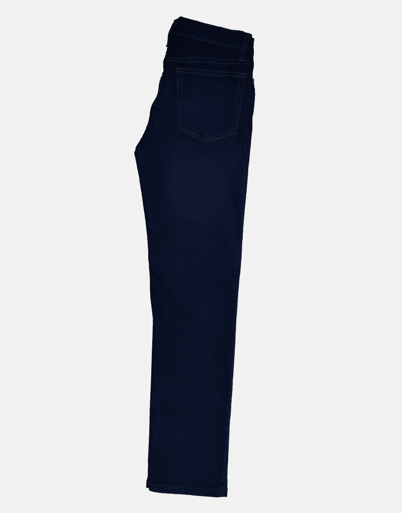 Skinny Leg blue jeans, dark, side view.
