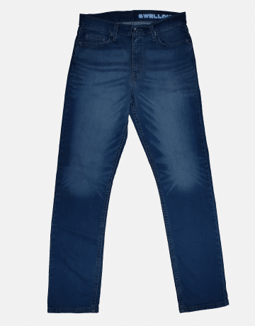 Straight Leg blue jeans, light, front view.