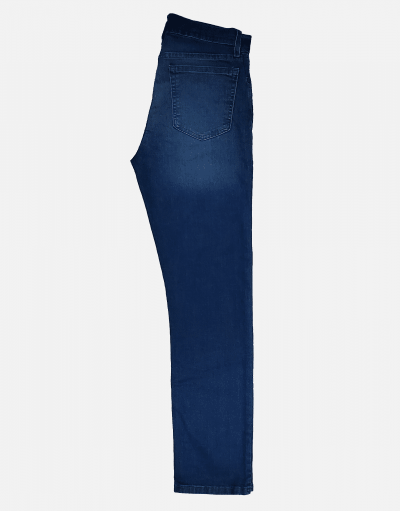 Straight Leg blue jeans, dark, side view.