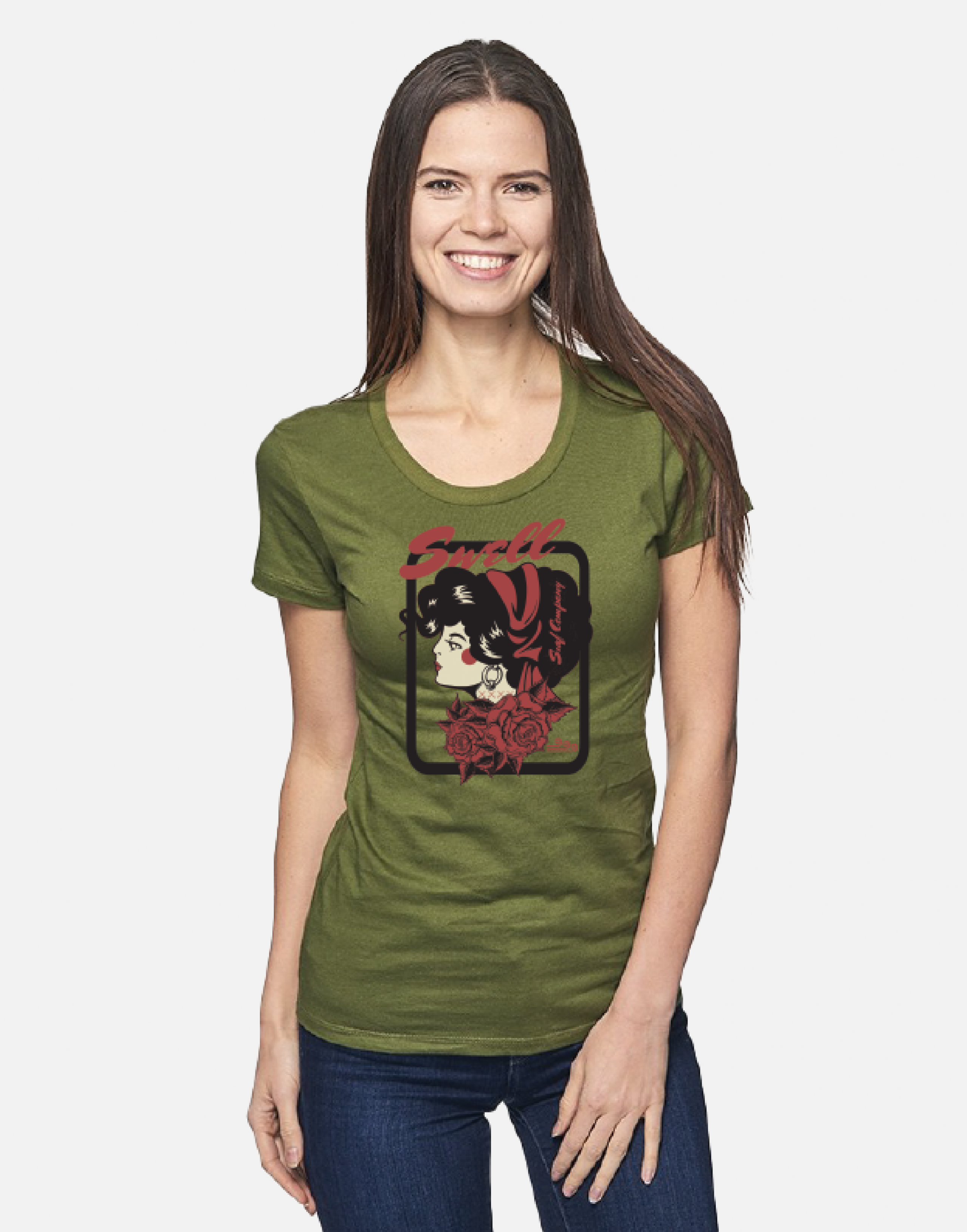 Woman wearing a moss green Swellone tshirt with Swellone logo.