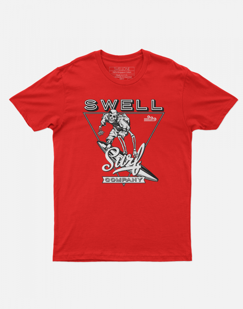 Red Swellone tshirt with skeleton surf logo.