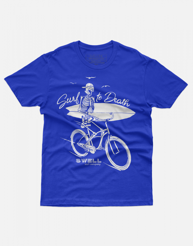 Royal blue Swellone tshirt with surf skeleton logo.