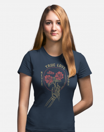 Woman wearing an ocean blue Swellone tshirt with true love logo.