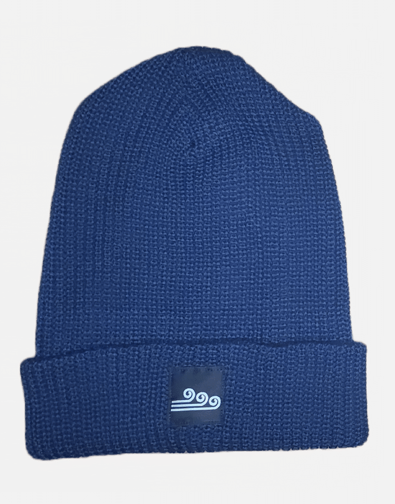 Navy woven beanie with Swellone logo.
