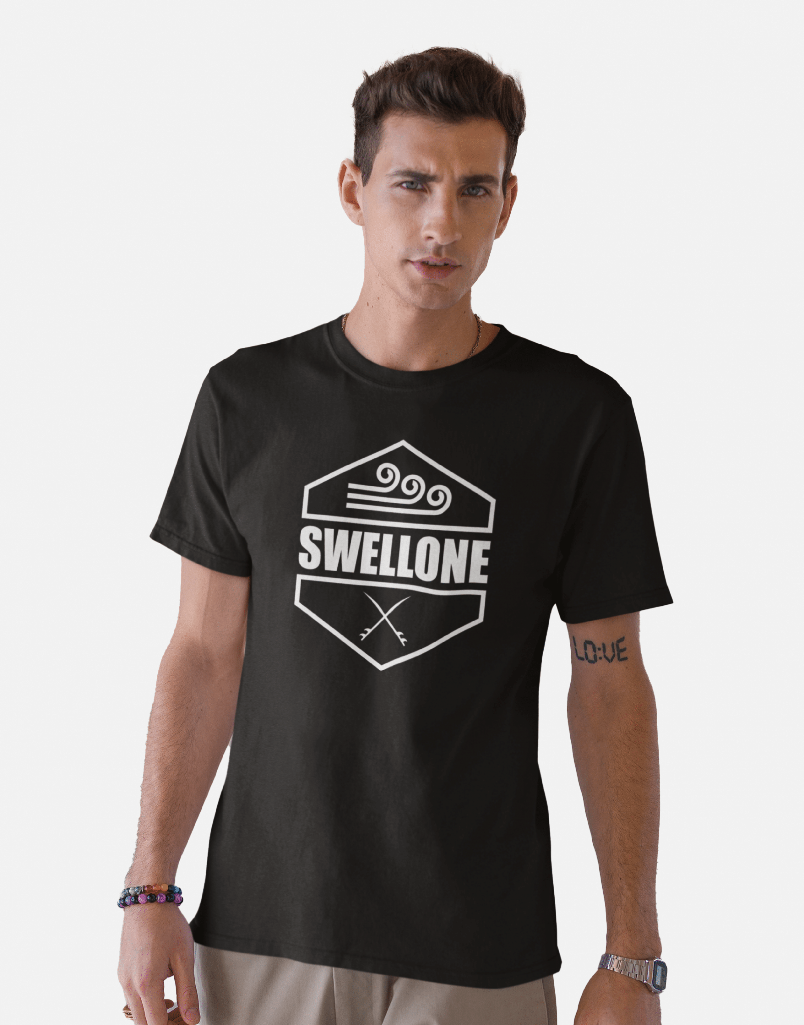 Man wearing a black Swellone tshirt with Swellone diamond logo.