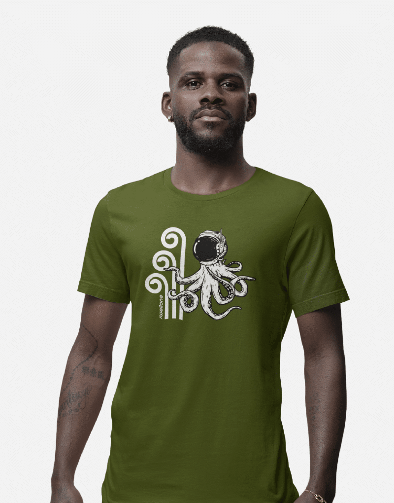 Man wearing a olive green Swellone tshirt with Swellone octopus logo.