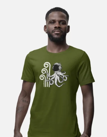 Man Standing, wearing a Swellone octopus logo tshirt.