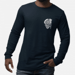 Man wearing a navy blue Swellone long sleeve tshirt with Swellone captain logo.