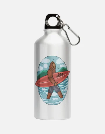 Aluminum lightweight reusable water bottle with Swellone bigfoot beach design.