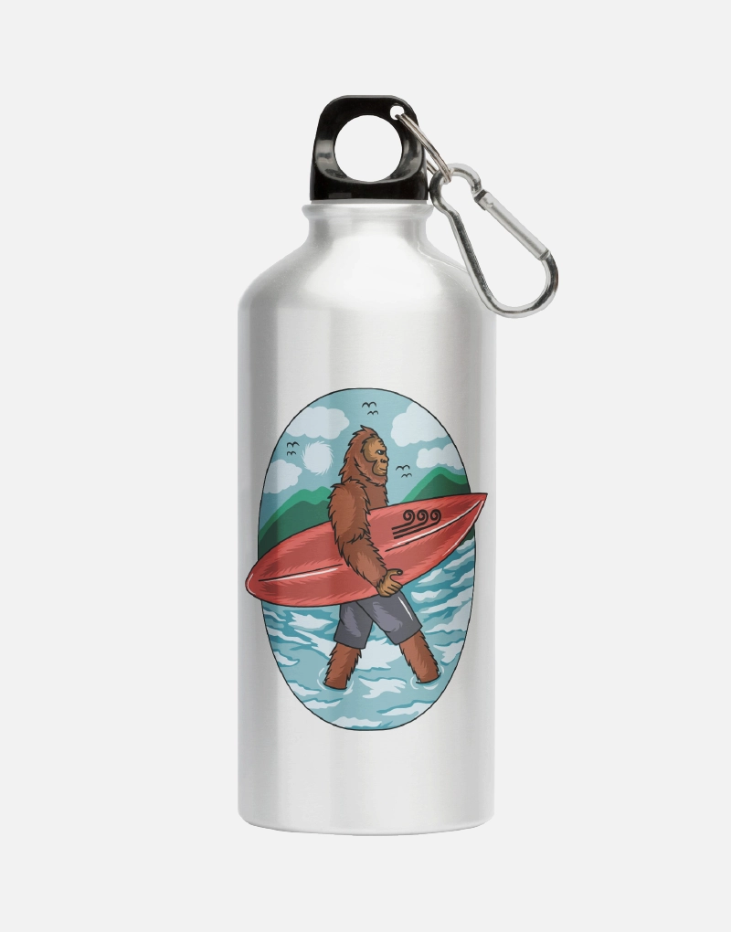 Aluminum lightweight reusable water bottle with Swellone bigfoot beach design.