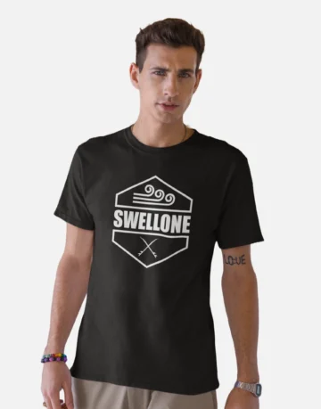 Man Standing, wearing a Swellone Diamond logo tshirt.