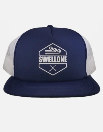 Navy blue and white trucker cap with Swellone logo.