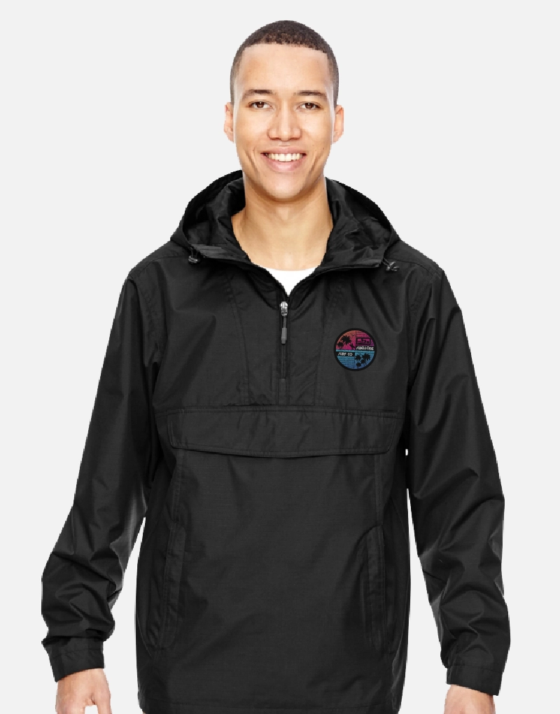 Man wearing Pullover hooded jacket, black.