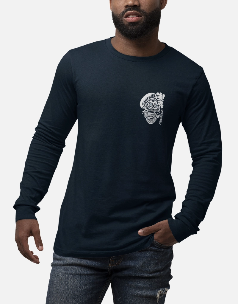 Man wearing a navy blue Swellone long sleeve tshirt with Swellone captain logo.