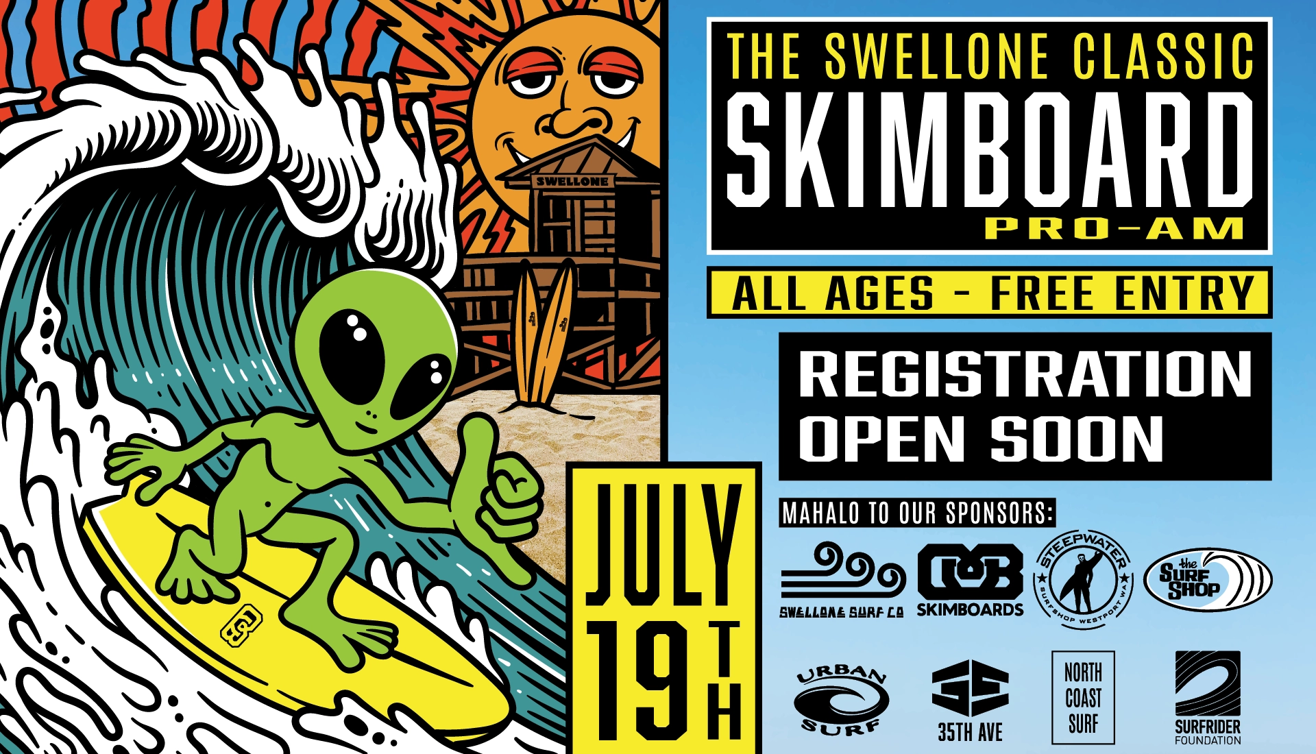 hp-registration opening soon Space alien skimboarding an epic wave, while the sun watches. the point6 of this image is to let users know that registration will be opening soon for the 3rd annual Swellone Skimboard classic.