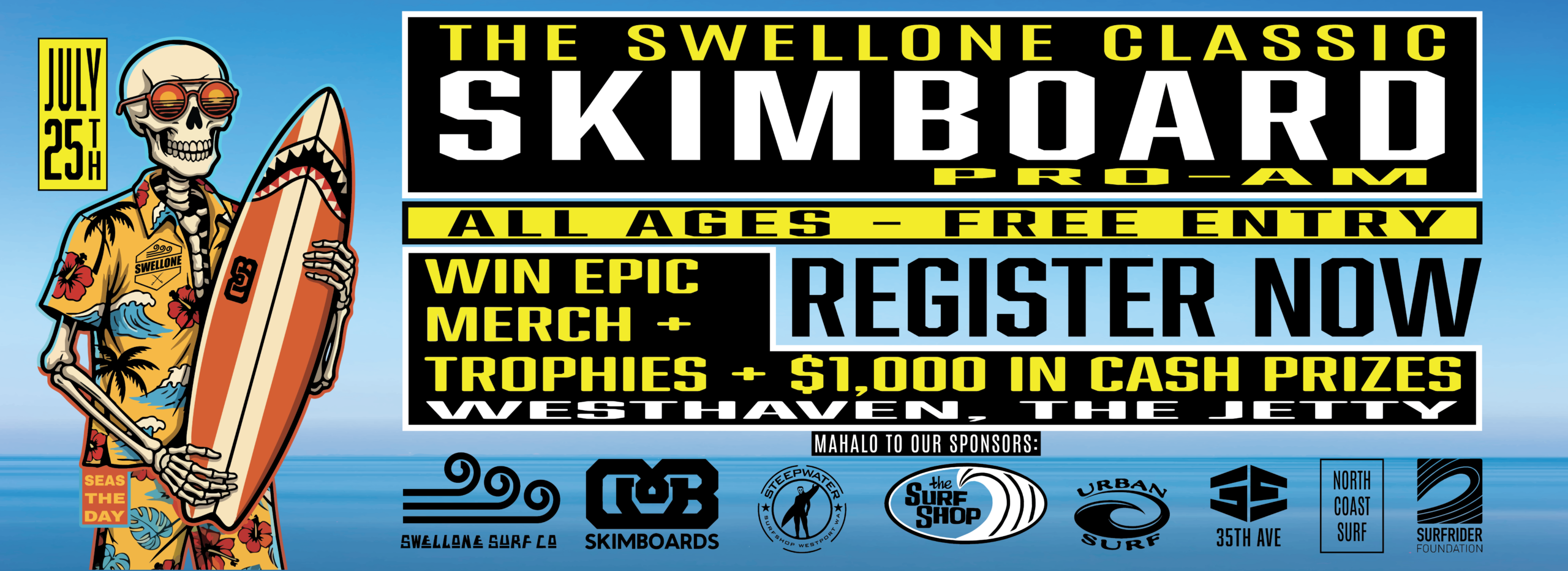 Flyer for skimboard event. Skeleton holding a skimboard.